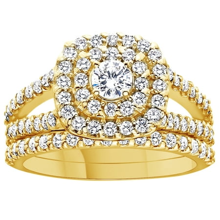 Round Cut White Natural Diamond Double Halo Engagement Wedding Ring In 10K Solid Yellow (Best Cut For Yellow Diamond)