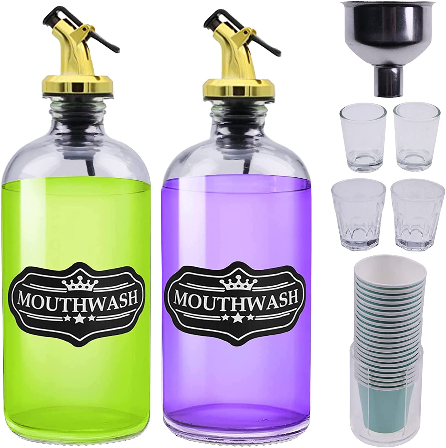 2 Pack 16oz Glass Mouthwash Dispenser with Pour Spouts, Mouthwash Cups
