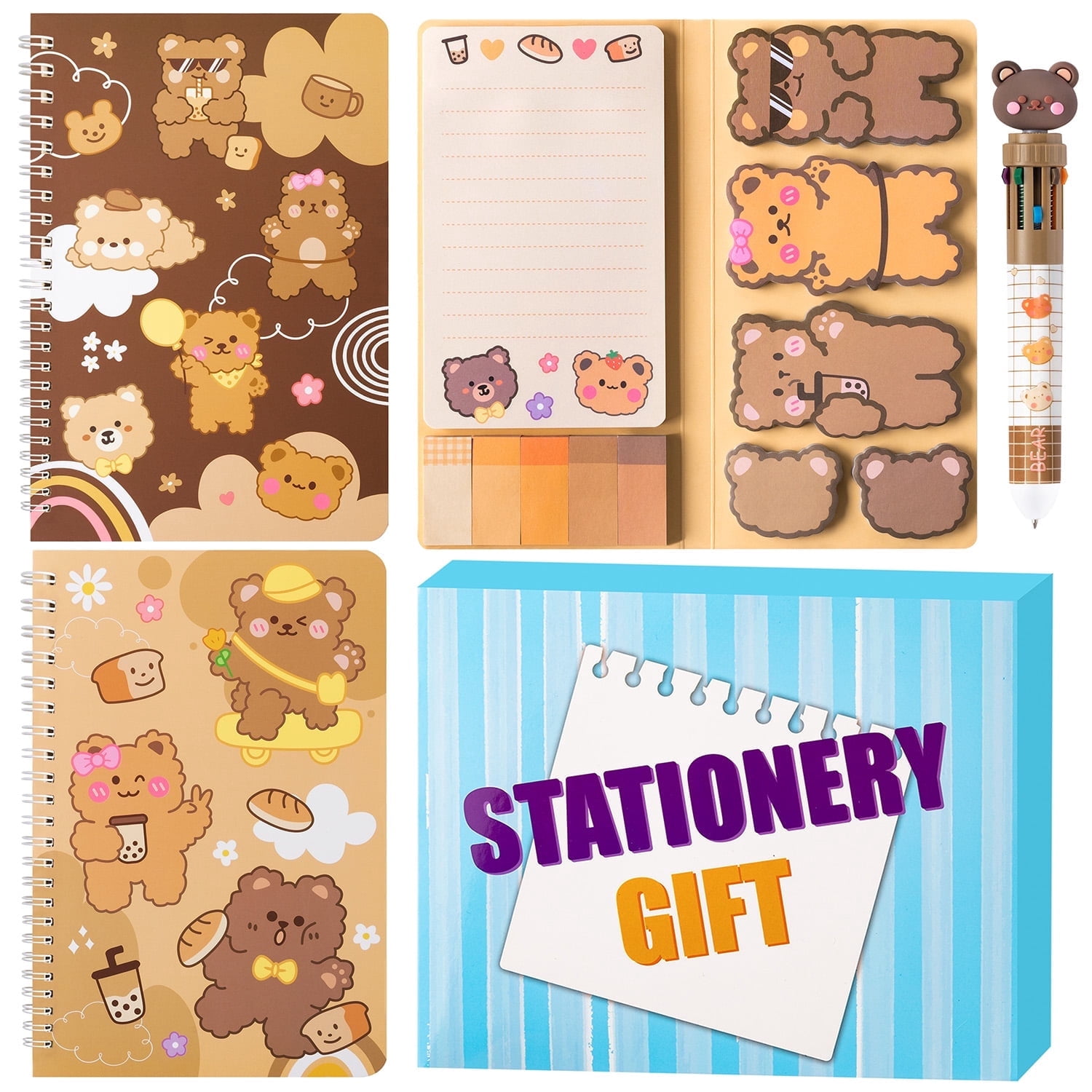 3Pcs Cute Bear A5 Spiral Notebook Set, Sticky Notes Pen Stationery Kit for Birthday Gift