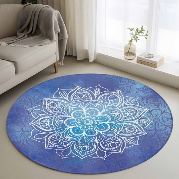 Round Rug 3.3Ft Washable Non-Slip, Boho Flowers Circle Area Rugs for Living Room Bedroom, Blue Floral Bohemian Vintage Country Indoor Floor Mats Carpet Runner for Home Decor Aesthetic