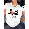 thumbnail image 1 of Women's Cute Cat Graphic Tee - Casual Round Neck Short Sleeve T-Shirt, Soft Polyester Blend, Playful Black & Orange Cat Design, Perfect for Casual Attire or Summer Vacations, 1 of 6