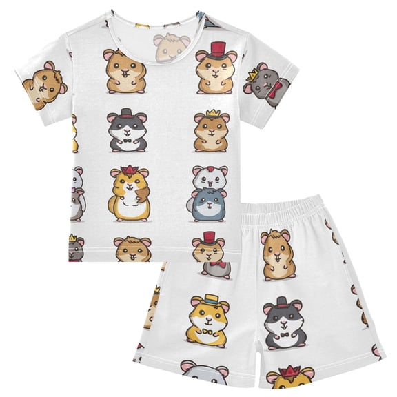Summer Short Sleeve Pajama Sets Cute Hamster Patterns Sleepwear Nighty 95% Cotton (5-14Y)