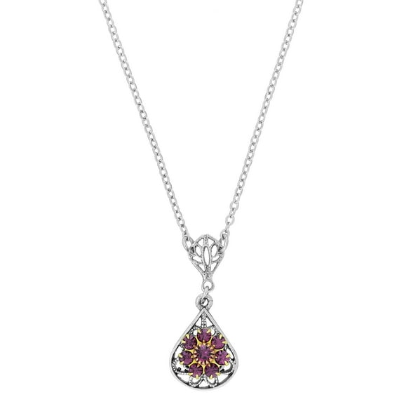 1928 Jewelry Purple Amethyst Flower Crystal Cluster Teardrop Filigree Pendant Necklace For Women 16" 3" Extender