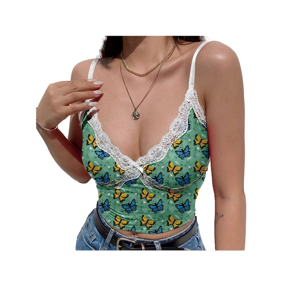 Yuemengxuan Women Lace Patchwork Camisole Sleeveless Deep V Neck Floral Butterfly Cami Tops