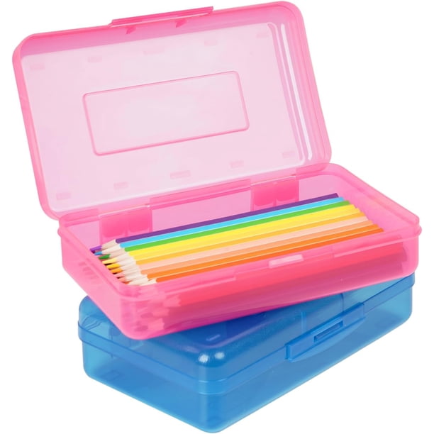 Caja de plástico para lápices de gran capacidad, cajas de lápices de colores para niños y adultos, caja de lápices duros con tapa a presión para suministros escolares de oficina (rosa y