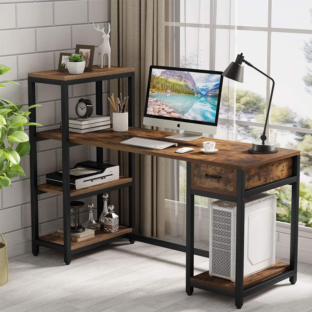 57" Computer Desk with 4-Tier Storage Shelves and Drawer Office Desk Workstation 