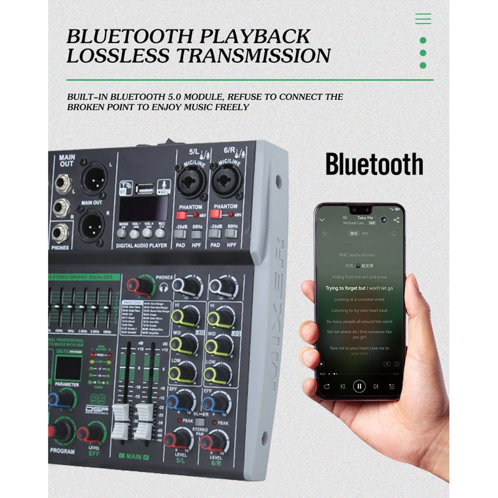 Professional Audio Mixer 6 Channel Built-in 99DSP 7-Segment Balanced Effect Bluetooth Support Recording Mixer US Plug