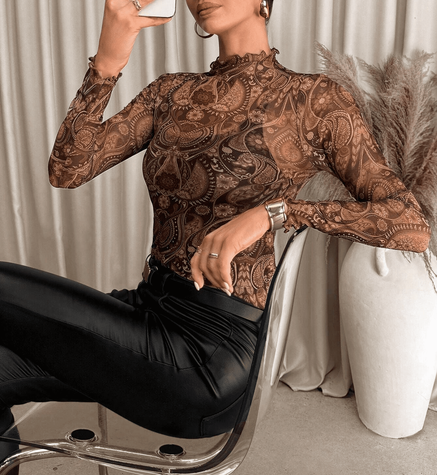 Chiclily Lace Top with Long Sleeves Stand Collar Floral Sexy Mesh