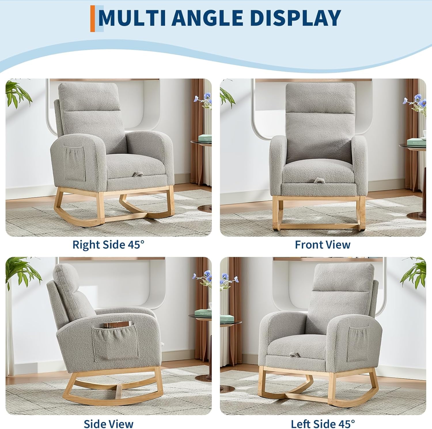 Ataucjin Rocking Glider Chair for Nursery, Wingback Accent Rocker Chair Upholstered Tall Back Arm Chair w/Side Pockets, Ursing Rubber Wood Legs and Side Pocket Wingback Accent Rocker Chair