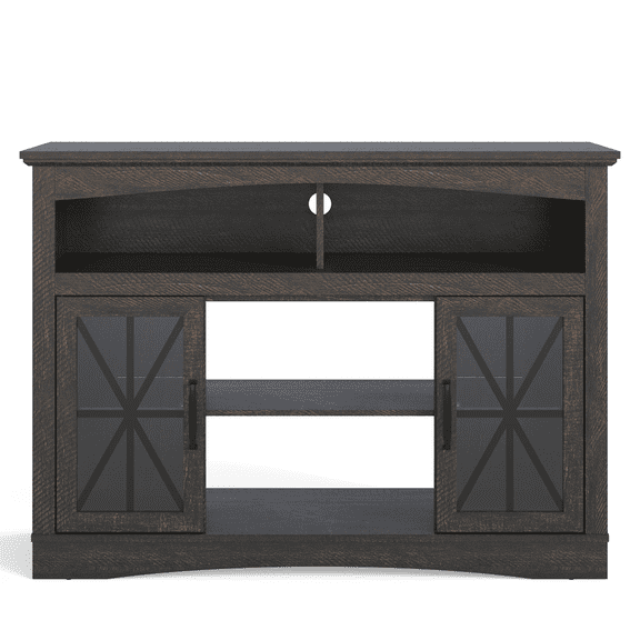 FUNA 47" Farmhouse TV Stand Retro Console with Glass Doors & LED Lights Brown