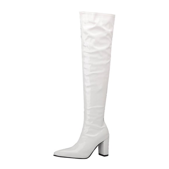 Xfvqtps Womens over the Knee Boots Side Zipper Pointed Toe Chunky Heel Patent Leather Winter Fashion Boots Comfortable Casual Boots White