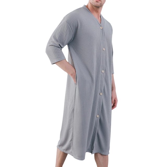 ylioge 3/4 Sleeve Nightgowns for Men with Pockets Mens Waffleknit Button-Down V Neck Solid Color Loose Below-Knee Length Pajama Robes