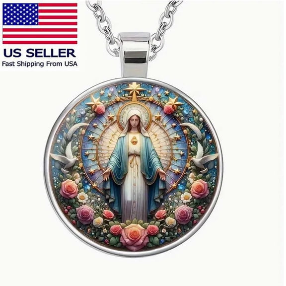 Retro Virgin Mary Pattern Print Round Pendant Necklace with Cabochon Glass Cover, Gift For Religious Believers