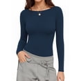 thumbnail image 2 of MOYIKO Boat Neck Long Sleeve Shirt for Woman Slim Fitted T Shirts Basic Ribbed Knit Navy Blue Tees Tight Tops, 2 of 7