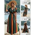 thumbnail image 7 of Xuanfei Women Colorblock Stripe Print V Neck Short Sleeve Smocked Bohemian Maxi Dress, 7 of 7