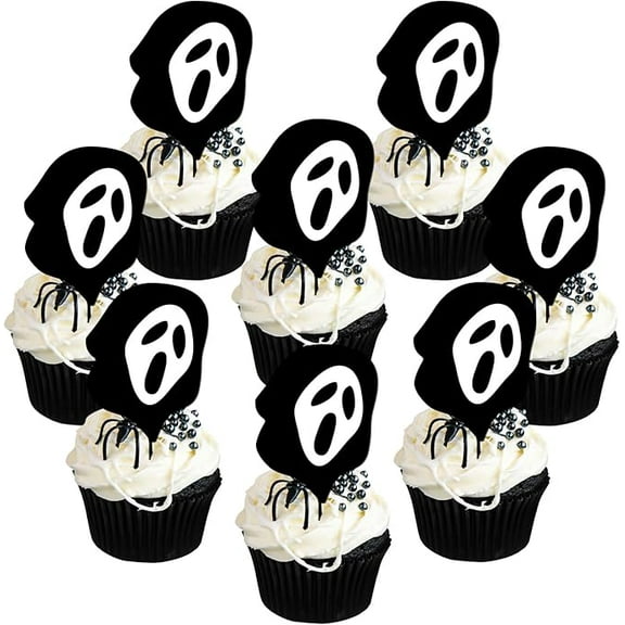 24PCS Halloween Horror Movie Cupcake Toppers Halloween Party Decorations Black Ghost Cupcake Toppers Scary Movie Themed Cake Decorations for Halloween Horror Movie Themed Party Decor Supplies