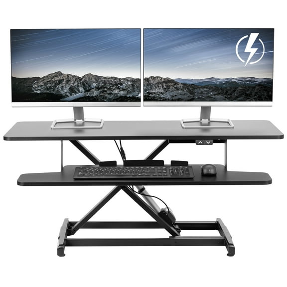 VIVO Black Electric 42" Standing Desk Monitor Riser, Dual Arm Sit Stand Tabletop