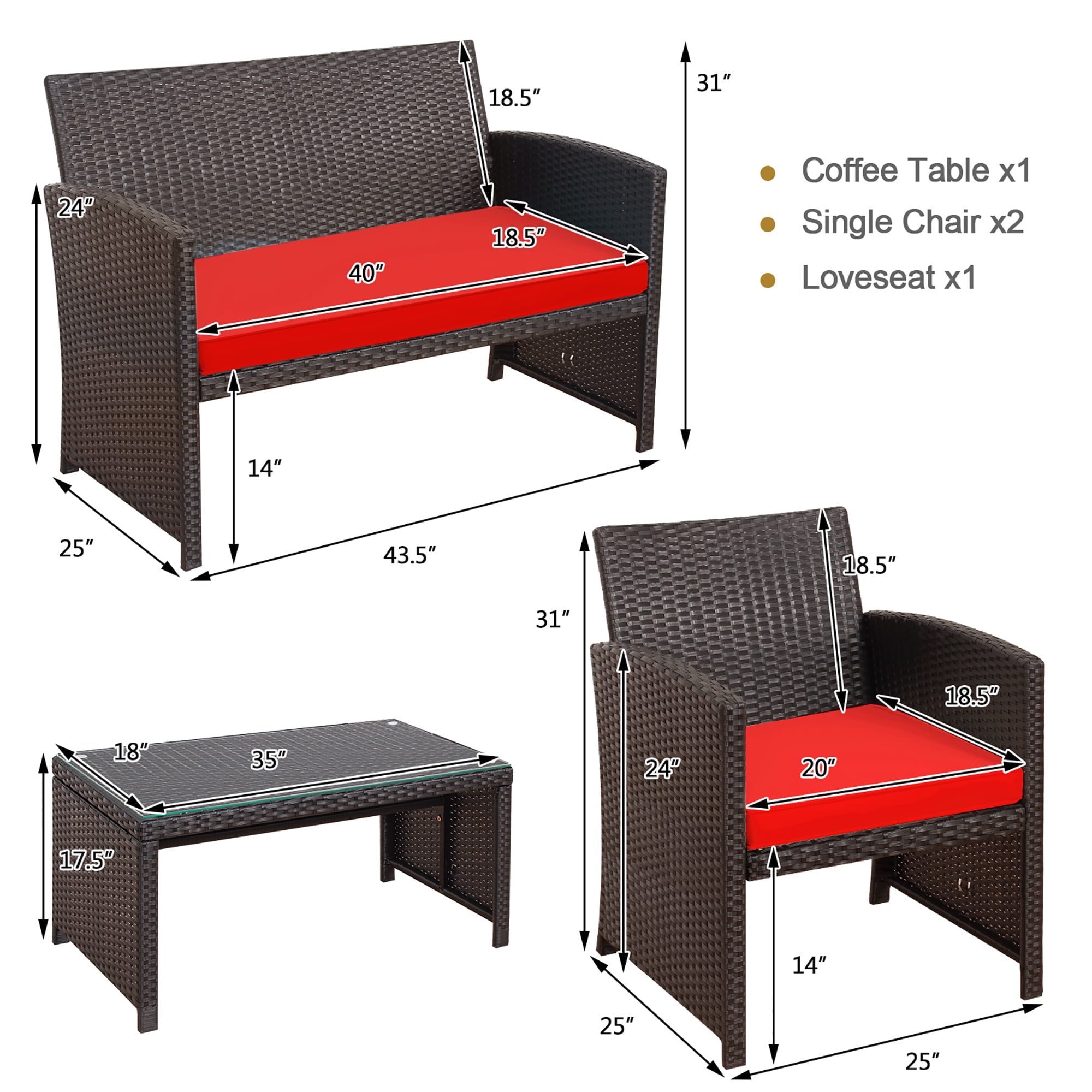 Costway 8PCS Patio Rattan Furniture Set Cushioned Chair Sofa Coffee Table Red