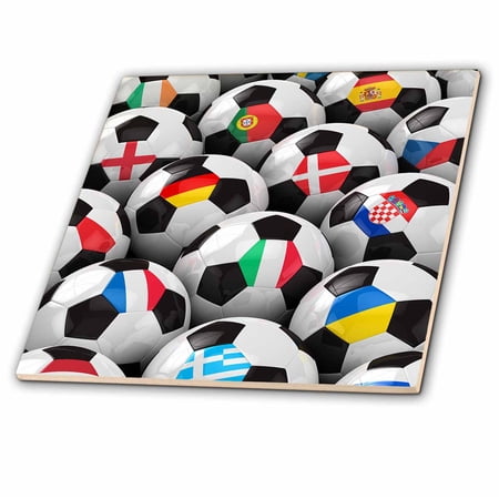 3dRose, England Germany Portugal Spain, DM, Czech Republic Italy France Greece Ukraine flags on Soccer balls, 8 Inch Glass Tile