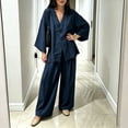 thumbnail image 5 of Womens Cotton Linen Sets 2 Piece Oversized V-neck Loose Top and Wide Leg Pants Sets Casual Vacation Outfits Navy XXL, 5 of 6
