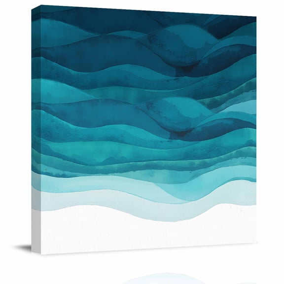 Framed Canvas Wall Art for Living Room Teal Blue Ocean Waves Wall Decor, Gradient Abstract Art Aesthetic Paintings for Bedroom Office Kitchen Bathroom, Ready to Hang Artwork Wall Pictures 8x8 Inch