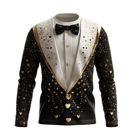Men's Valentines Tshirt Graphic Printed Tuxedo Style Long Sleeve Crewneck Heart Fake Two Piece Top Black XL