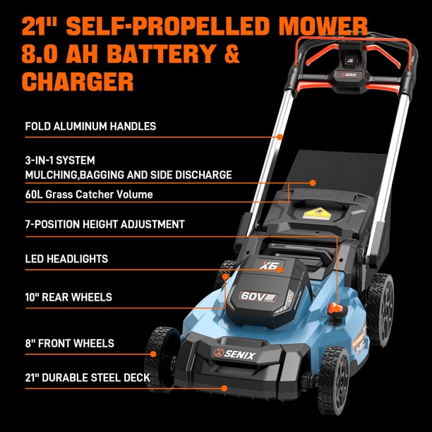 SENIX X6 60V Max* Self-Propelled Push Lawn Mower 21in Blade 22in