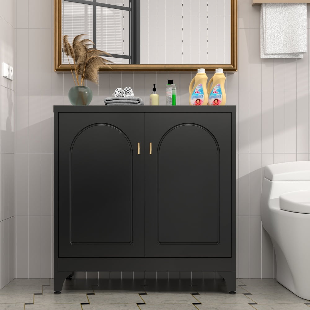 Polup Modern Metal Kitchen Sideboard Cabinet with Doors and Adjustable Shelves, 33" H, Black