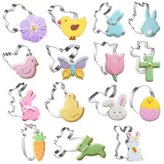 AOWOO 15 Pcs Easter Cookie Cutters Set, Stainless Steel Bunny Egg Carrot Shapes for Holiday Baking & Sugar Cookie Decorations