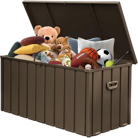 Domi Coffre de Rangement Extérieur de 100 Gallons – Armoire de Rangement Étanche et Verrouillable pour Meubles de Patio, Outils de Jardin et Articles de Piscine – Grand Rangement en Métal pour Coussins, Jouets (Brun)
