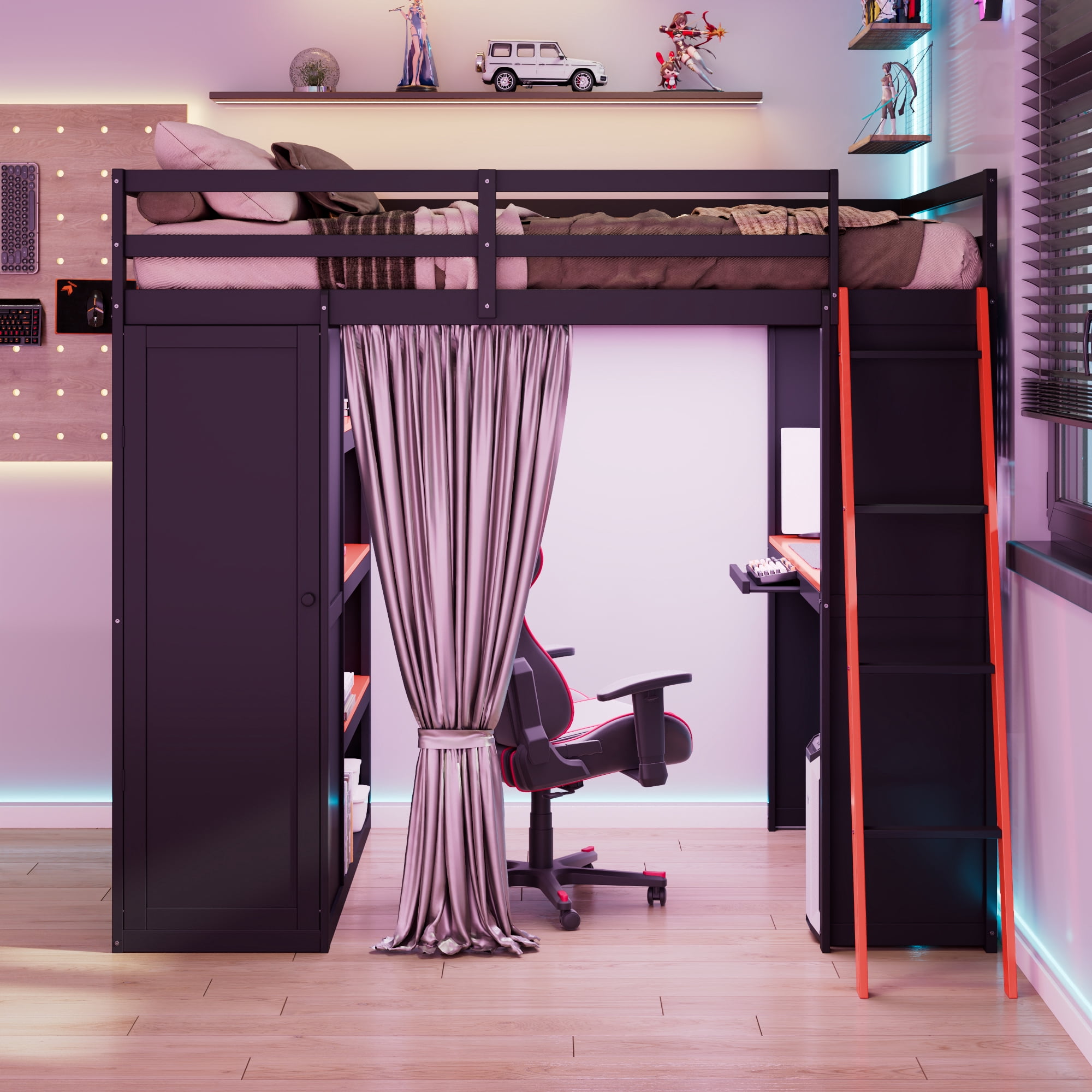 Mintazer Full Size Loft Bed with Wardrobe, Storage Shelves, Desk, Blackout Curtains, Charging Station & RGB Lights Game Bed Frame for Teens, Black & Red