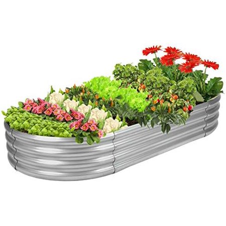 Raised Garden Bed Galvanized Planter Box Outdoor, 5ft Oval Large Rot-Resistant Metal Garden Bed Planter for Vegetables Flower Herb (Silver)