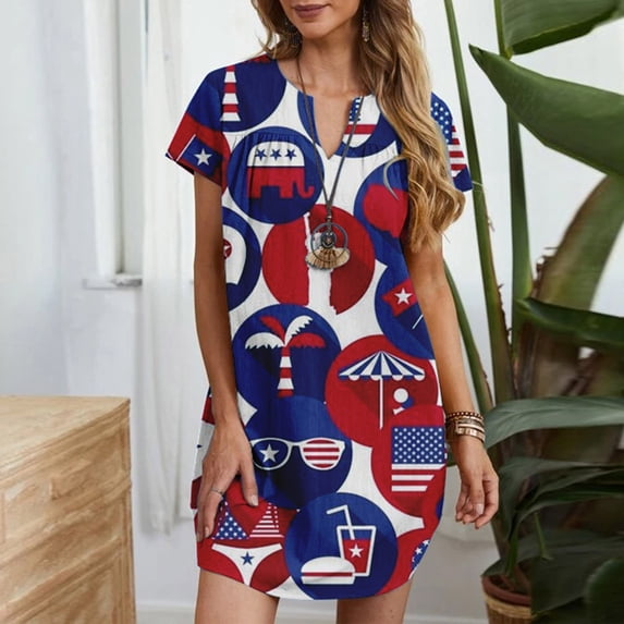 Perfect Gift! Woman Dress Women's Dress HIMIWAY Women's Fashion Casual Loose Mid Length V-Neck Independence Day Print Short Sleeve Dress Red M