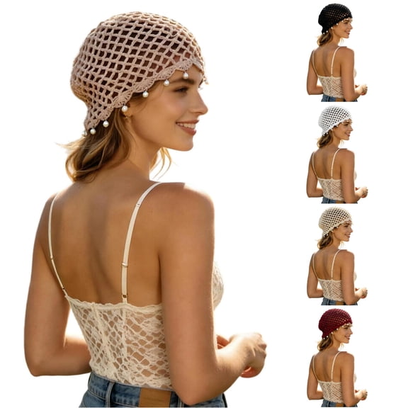 XIAOCHA Womens Boho Pearl Accent Crochet Beanie Solid Knit Breathable Beach Holiday Beanie Hats,Coffee