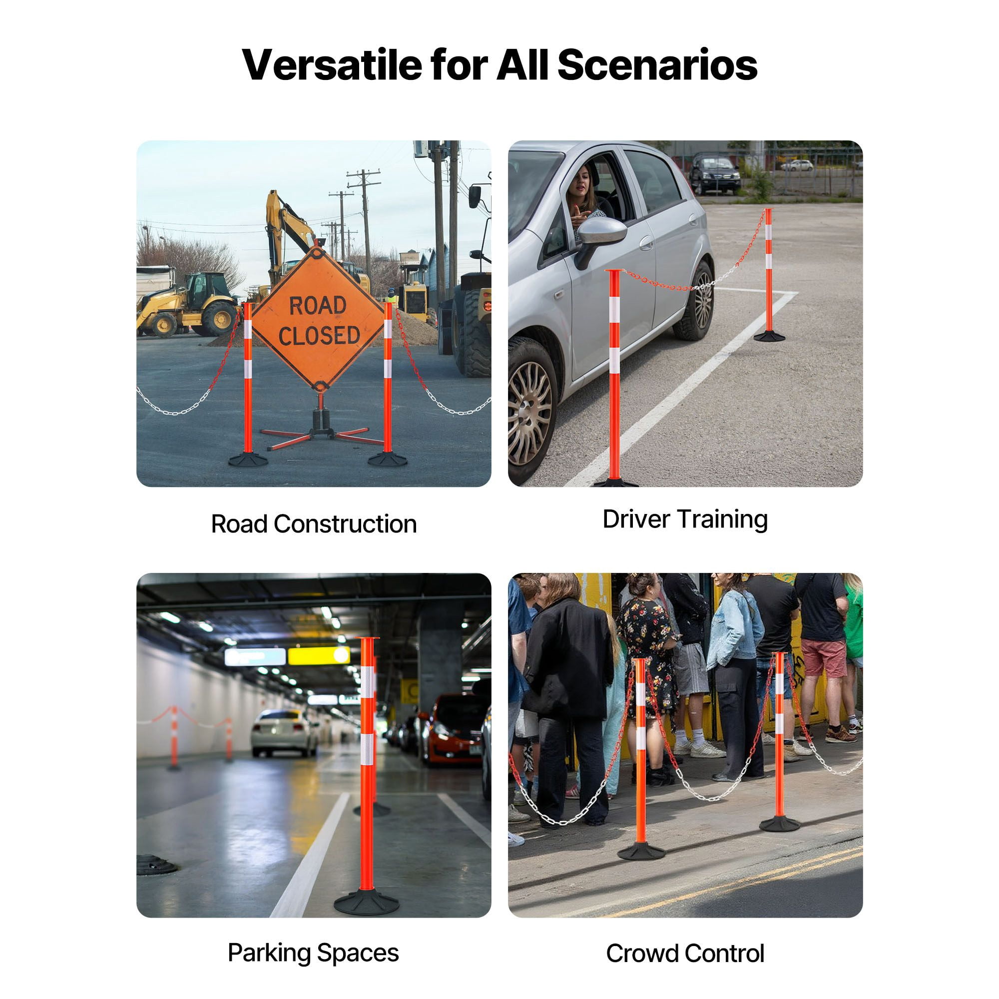 2-Pack Traffic Delineator Posts, 34 Inch Safety Cones, Reflective Strips, Weighted Rubber Base, Chain Attachment, for Construction Sites, Parking Lots & Crowd Control