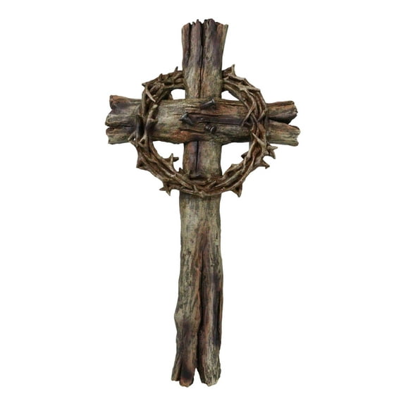 Rustic Via Dolorosa Calvary Crown of Thorns and Nails Faux Wooden Wall Cross
