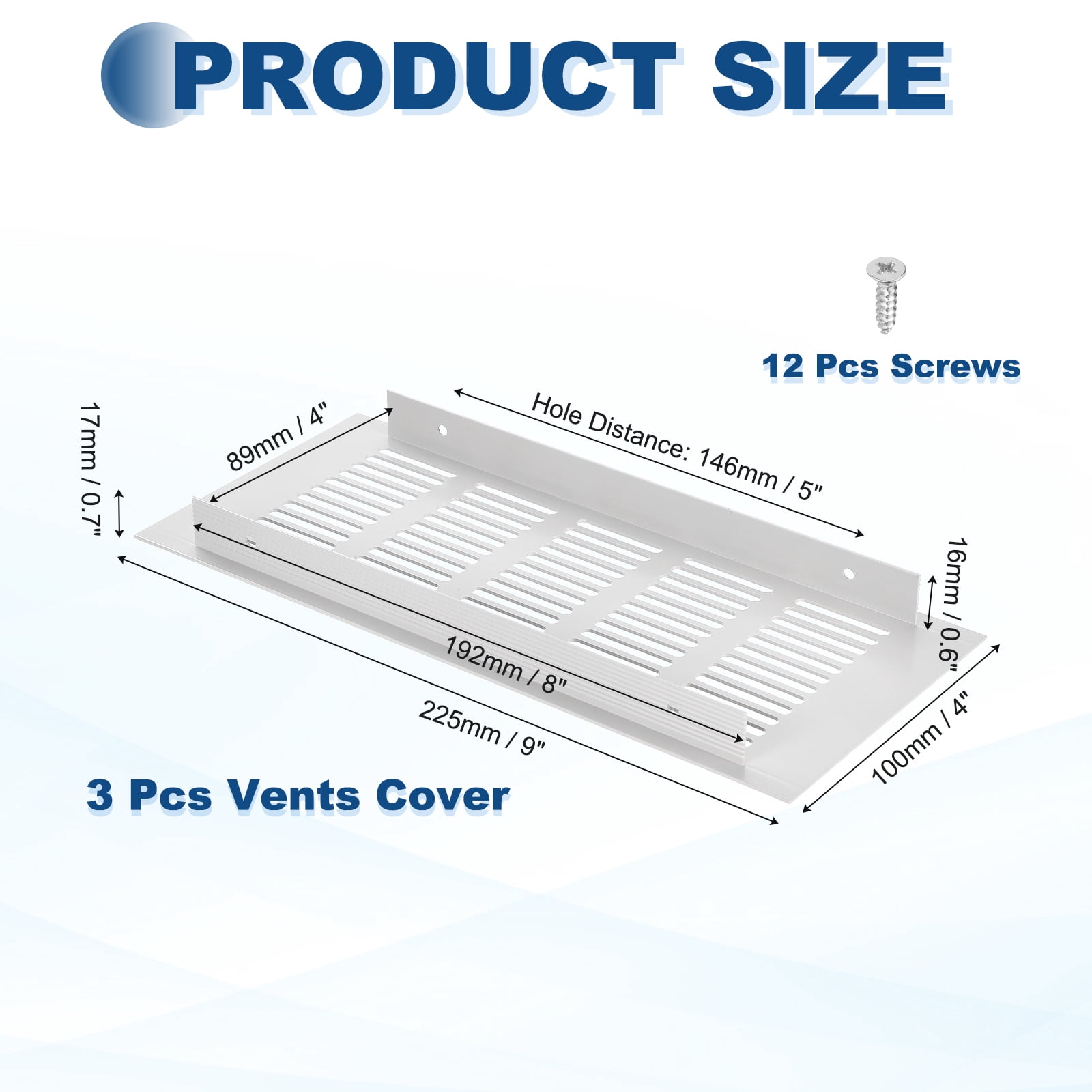 Uxcell 9 x 4 Inch Door Air Vent Cover, 3 Set Heavy Duty Aluminum Grille Ventilation Cover Louvered with 12 Mounting Screws for Cabinet Wardrobe Door, Grey