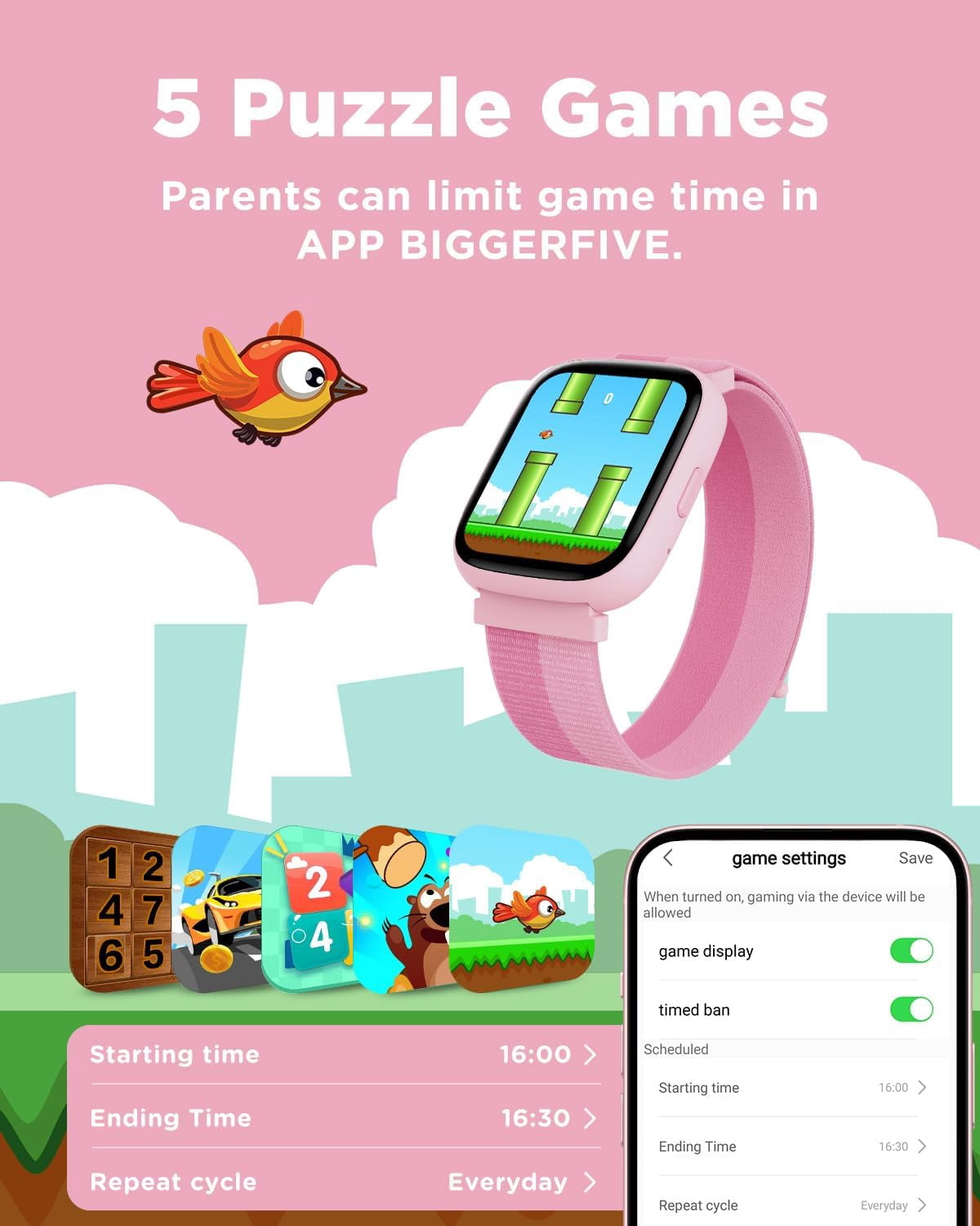 BIGGERFIVE Smart Watch for Kids, 1.8" Fitness Tracker Watch Pedometer, Sleep Monitor, IP68 Waterproof, Calorie Step Counter, Puzzle Game with/Without APP for Girls Teens 5-16,