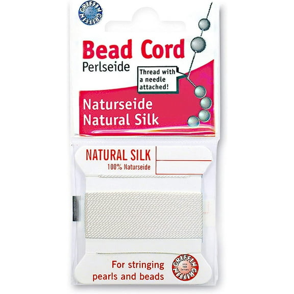Griffin Silk Bead Cord Perlseide – White Color – Size 0 (0.30mm) – 2 Meters per Card – Stainless Steel Needle Attached – for Knotting Pearls, Gemstones, Crystals and Beads