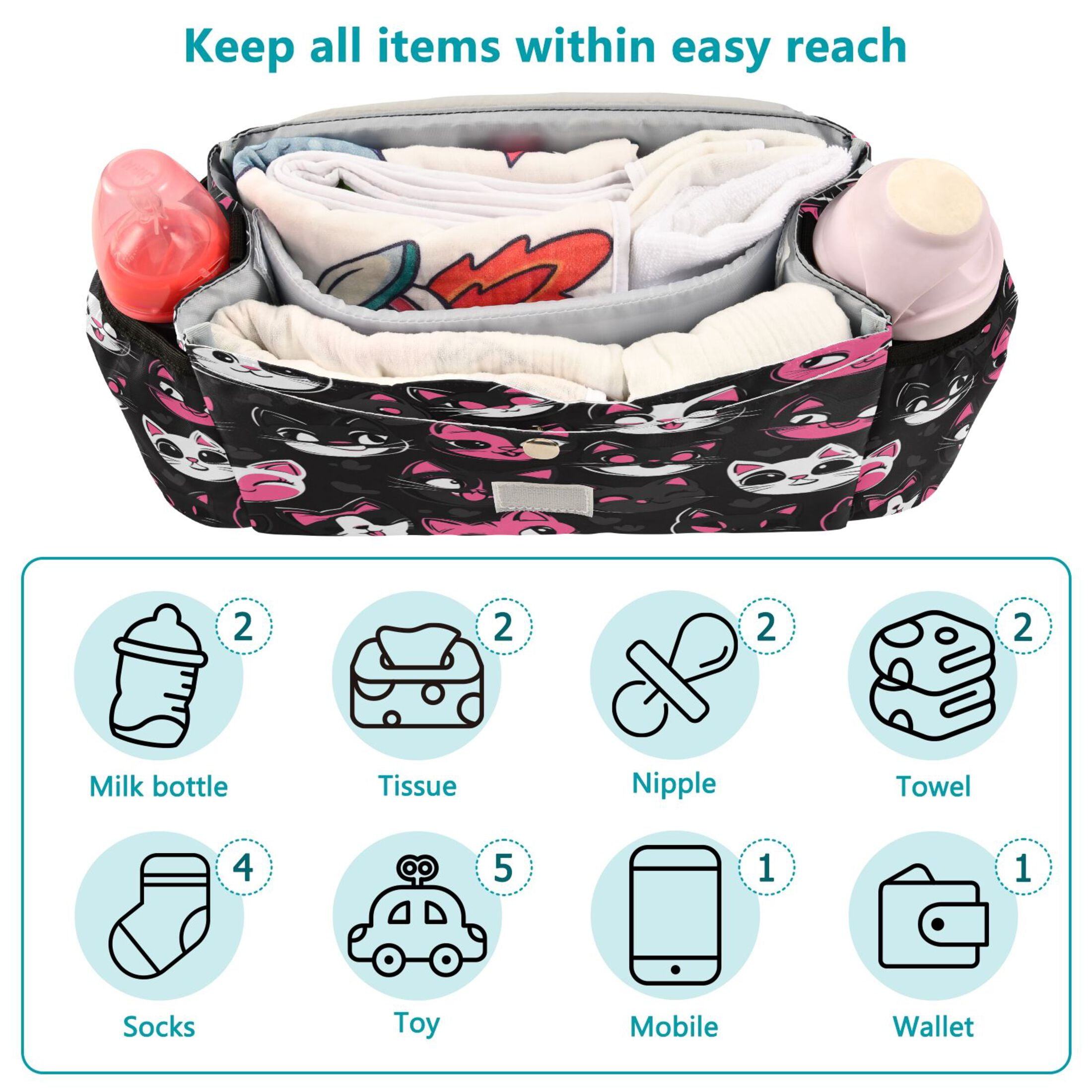 DIXRUYEE Stroller Organizer Playful Cat Pattern Printed