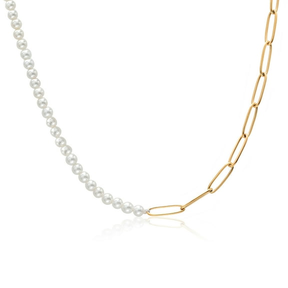 Gem Stone King Yellow Gold Plated Stainless Steel Paperclip Chain Cultured Freshwater Pearl Necklace for Women with Adjustable Extension up to 19 inch