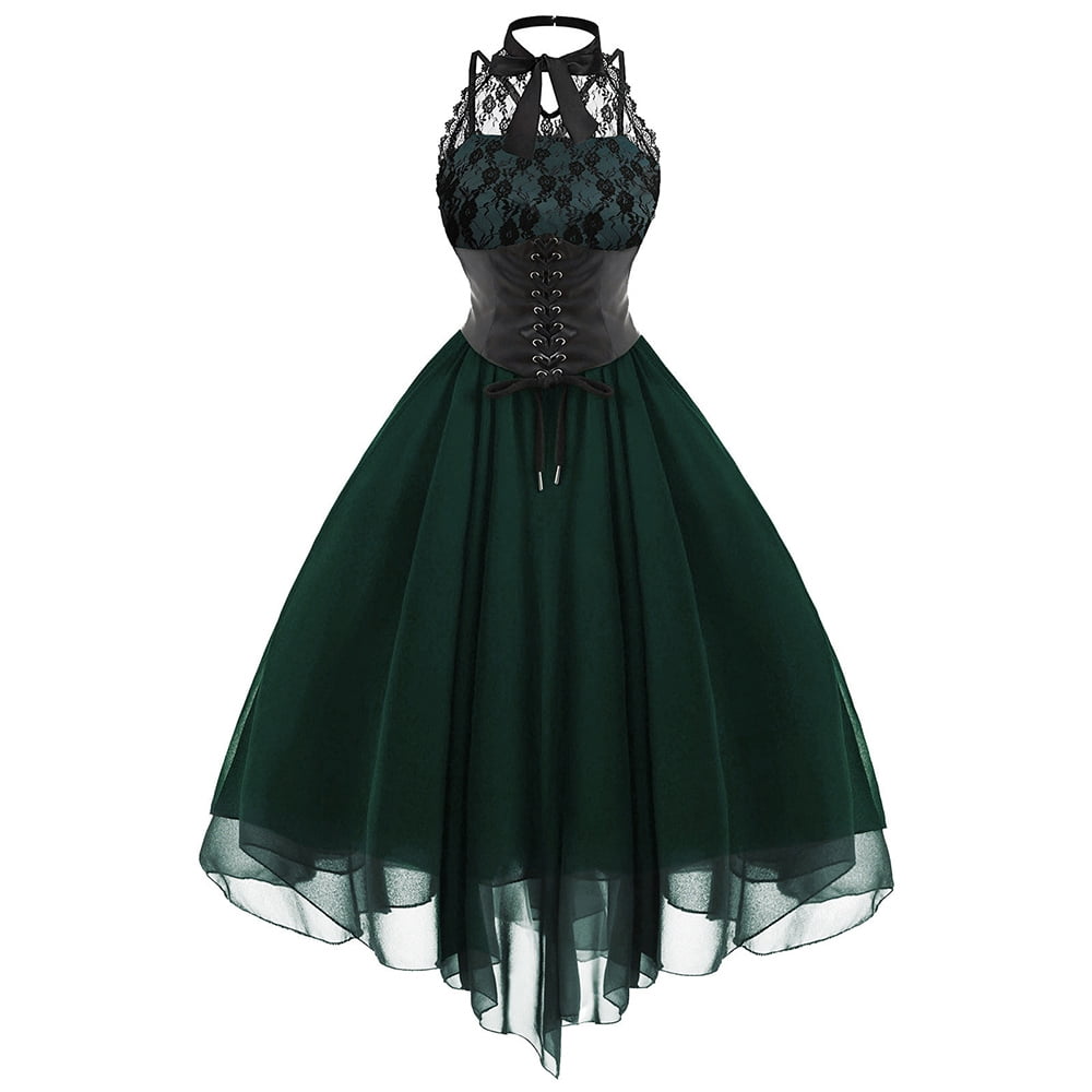 QLEICOM Women Gothic Dress, Sleeveless Halter Neck Vintage