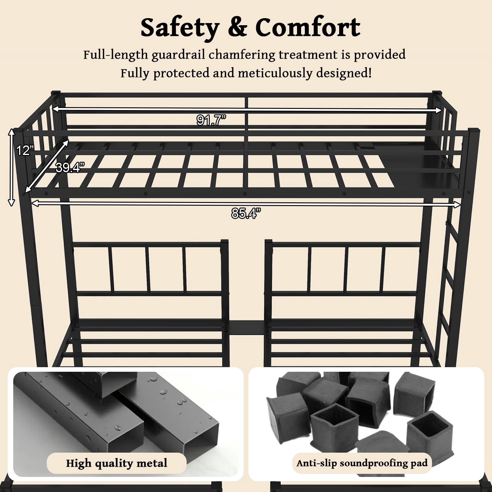 Miniyam Heavy-Duty Metal Triple Bunk Bed, Twin Over Twin Over Twin, Space-Saving 3-Bed Bunk Frame with Guardrails & Ladder, Black