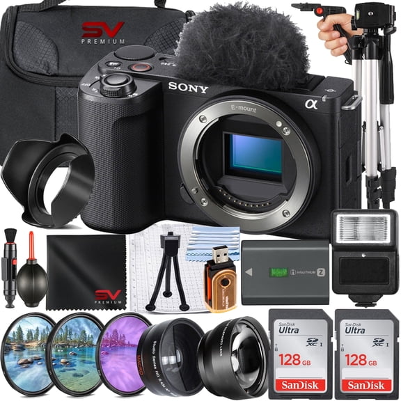 Sony ZV-E10 II Mirrorless Camera (Black) (Body Only)   2 Pack 128GB Memory Card   Case   Flash   SV Premium Accessory Bundle (International Model)
