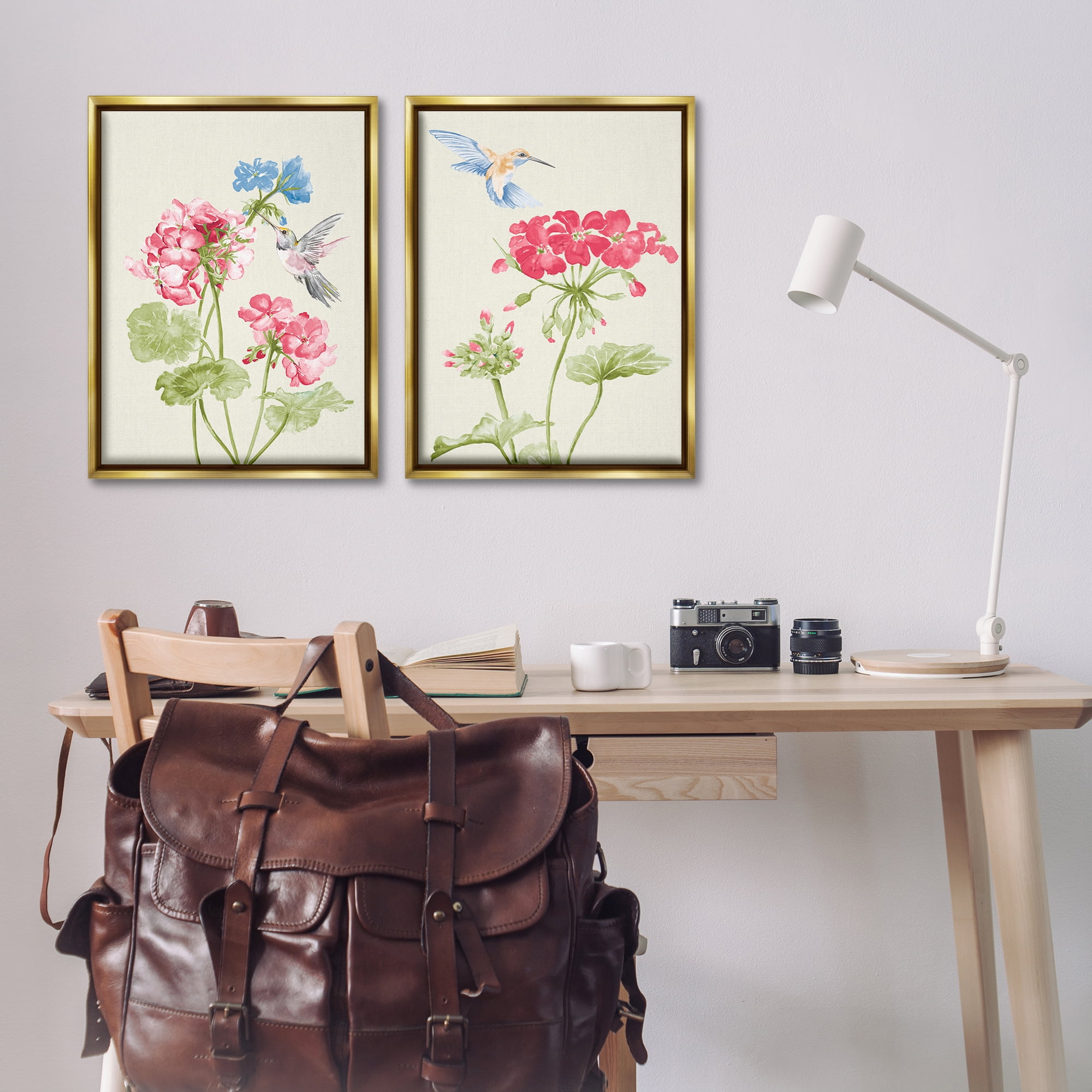 Stupell Industries Pink Geranium Hummingbirds Plants & Flowers Painting Gold Floater Framed Canvas Art Print Wall Art, 21 x 31, Set of 2