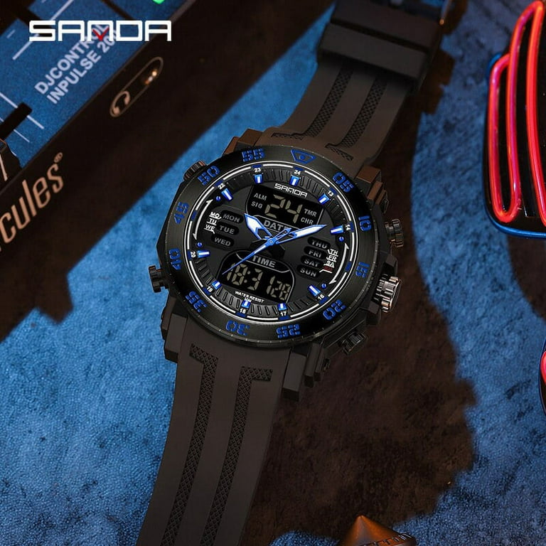 SANDA Luxury Original Men Sports Wrist Watch Gold Quartz Steel Waterproof  Dual Display Clock Watches Relogio Masculino 6029