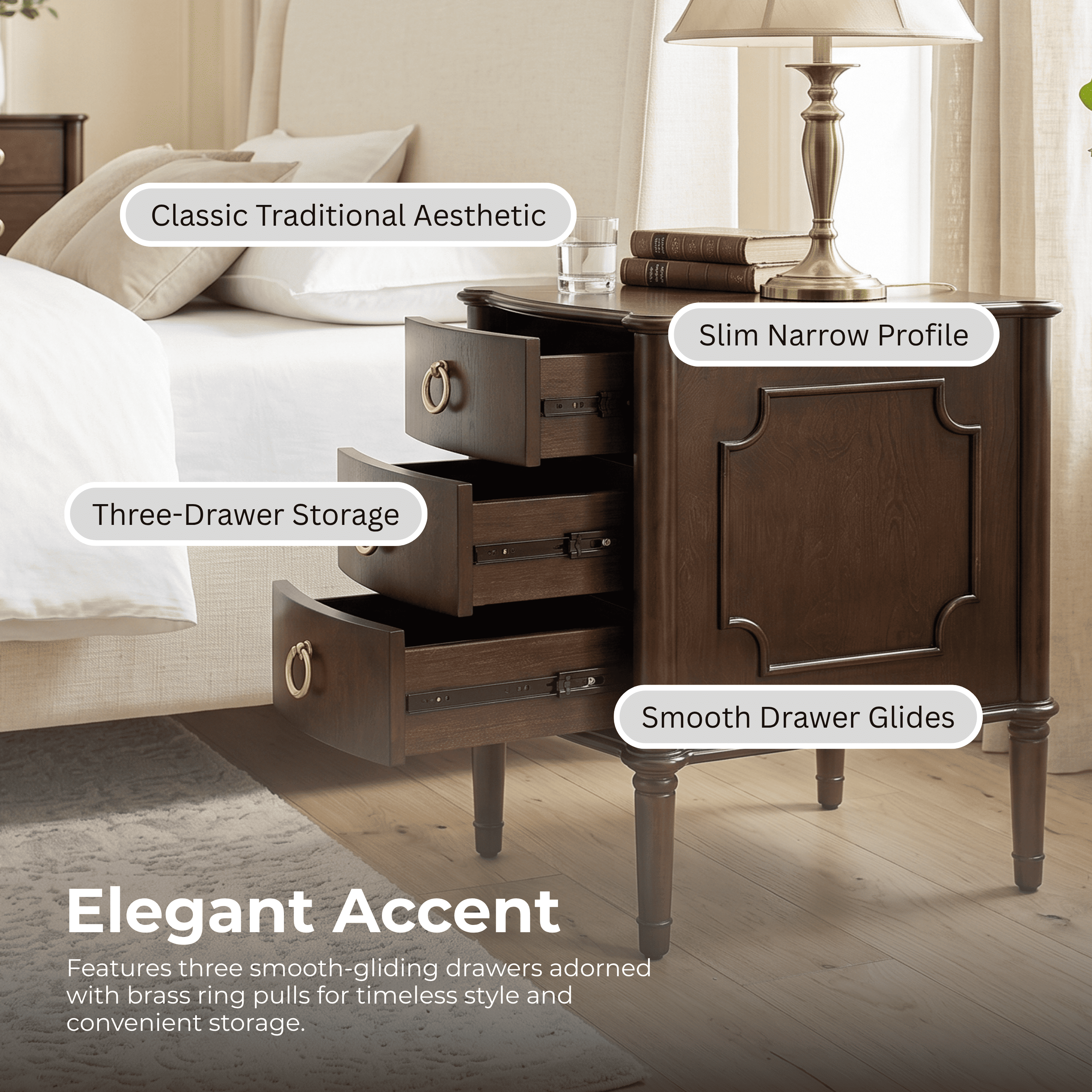 Furniture of America Ivera Modern Wood 3-Drawer Nightstand with Tapered Legs, Cherry