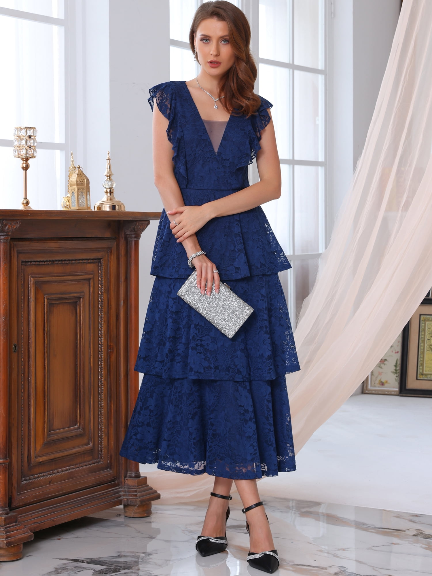 DARING DIVA Women's Wedding Guest Cocktail Ruffle Cap Sleeves Dress S Blue