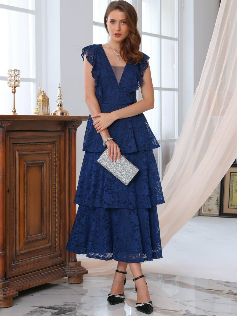 DARING DIVA Women's Wedding Guest Cocktail Ruffle Cap Sleeves Dress S Blue DARING DIVA Women's Wedding Guest Cocktail Ruffle Cap Sleeves Dress S Blue