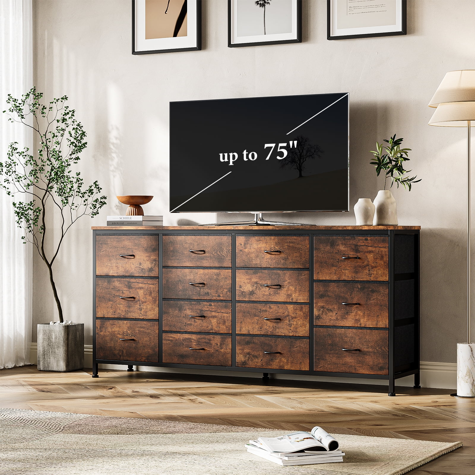 PIONEERWORKS 14-Drawer Dresser TV Stand, 63" Wide Fabric Storage Cabinet with Power Outlets for Bedroom, Entertainment Center for 65-75 Inch TVs, Black